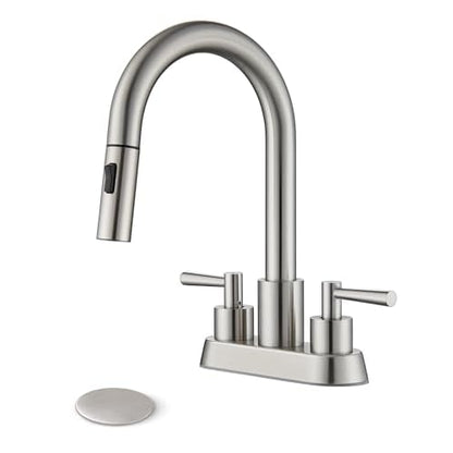 Bathroom Sink Faucet with Pull Out Sprayer 2 Handles, Brushed Nickel Pull Down Bathroom Faucet 3 Holes, 4 Inch Sink Faucet Bathroom, 360 Degree Swivel Spout, Pop Up Drain Assembly Included