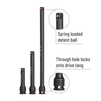 Bates- Impact Extension Bar Set, 3/8" Drive, 3 Pack, 3", 5", 10", 42 CrMo Steel, 3/8 Impact Extension Set