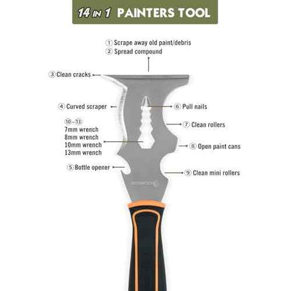 ROLLINGDOG 14-IN-1 Painter's Tool, Stainless Paint Scraper, Paint Roller Cleaner, Putty Knife, Multi-Use Painters Tool