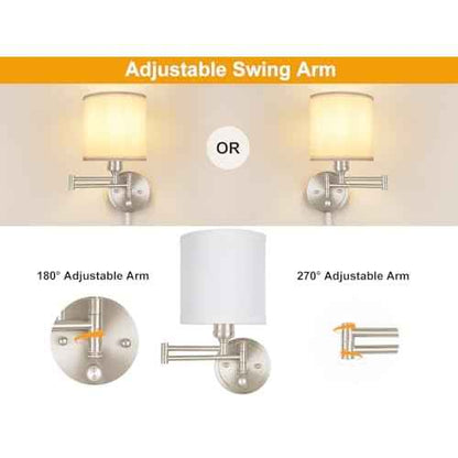 Plug in Wall Sconces with Remote Control, Dimming & Adjustable Colors 2700K-6500K, Hardwire or Plug-in, Swing Arm Wall Lamp with White Fabric Shade, Wall Sconces Set of Two, Brushed Nickel Finish
