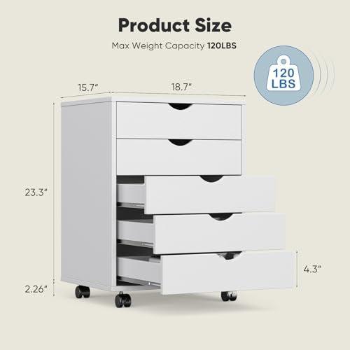 OLIXIS 5 Drawer Mobile File Cabinet Under Desk Storage Organization with Wheels Vertical Filing Chest Rolling Wood Small Desk Printer Stand for Home Office, 15.75"D x 18.74"W x 25.39"H, White