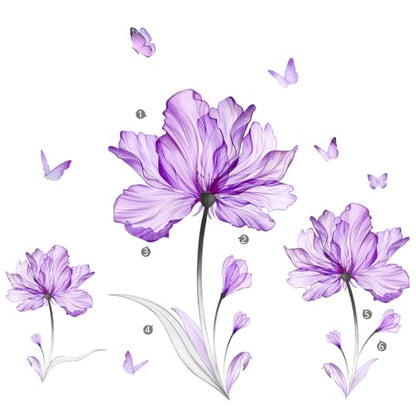 Purple Flower Butterfly Wall Stickers Removable Peel and Stick Murals Wall Decals for Living Room Bedroom Door Aisle Sofa TV Backdrop Wall Home Decor(Purple Flowers)