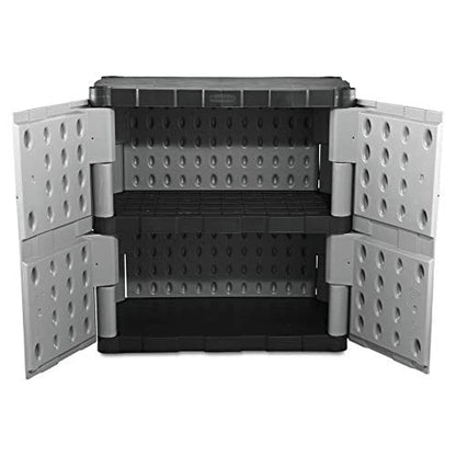 Rubbermaid Freestanding Storage Cabinet with Doors 18"D x 36"W x 37"H Medium Gray/Black Two-Shelf Lockable Cabinet for Indoor/Outdoor/Garage Storage for Garden Tools/Lawn Care Accessories