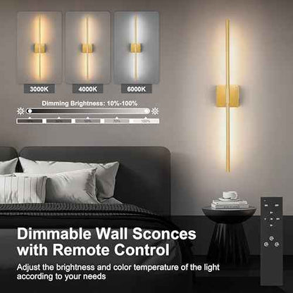 Battery Operated Wall Sconce Set of 2 - Wireless, 3000K-6000K, Dimmable, Remote and Touch Control, Timer, Removable Battery Compartment, Gold 24 Inch Modern Sconce for Bedroom, Living Room