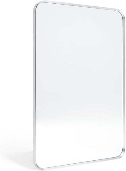 Wall Mount Mirror for Bathroom, Brushed Silver Metal Framed Rounded Corner Rectangular Vanity Mirror (20" x 30", Silver)