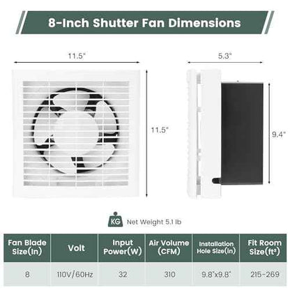 8" Shutter Exhaust Fan, 310CFM Window or Wall Mount Ventilation Fan for Greenhouse, Attic, Garage, Bathroom, Kitchen