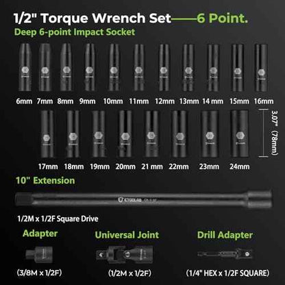 etoolab 1/2" Drive Click Torque Wrench with Deep Impact Socket (6~24mm),Dual-Range¡¼10-170ft.lb/13.6-230.5Nm¡½¡¾3% Precision,10" Extension Bar,Universal Joint,Drill Adapter