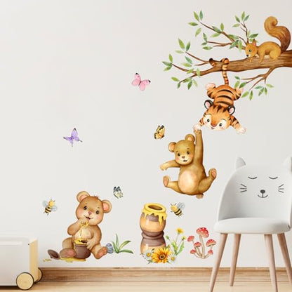 Supzone Woodland Bear Wall Stickers - Cute Animal Tree Branch Wall Decals, Tiger Bear Squirrel Swinging for Honey Wall Decor for Kids Baby Nursery Playroom Living Room Bedroom