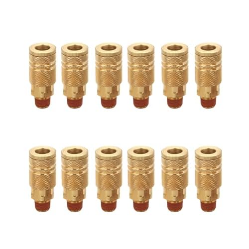 1/4 Inch Brass Male Industrial Coupler, 12 Pack 1/4 Inch Air Hose Fittings NPT Male Quick Connector Air Coupler with sealant for Professional Jobsites and Automotive Shops