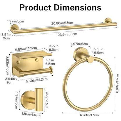 Brushed Gold Bathroom Hardware Set 5 Pieces Towel Bar Set Round Towel Holder Set for Bathroom,Upgraded Toilet Paper Holder with Shelf,Stainless Steel Wall Mounted 23.6 Inch