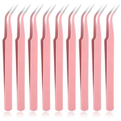 9 Pcs Precision Tweezers, Stainless Steel Craft Tweezers for Crafting, Curved Tweezer Multipurpose Pointed Long Tweezer for Crafting DIY Bead Jewelry Making, Scrapbooking, Crafts, Nail Art (Pink)
