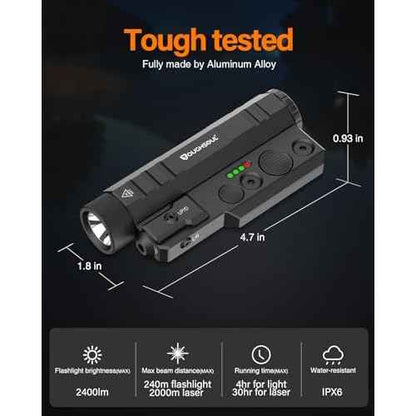 TOUGHSOUL Mlok Picatinny Tactical Flashlight Laser Sight Combo, 2400 Lumen Max Light with Green Laser, Momentary Strobe Function Rchargeable Battery Included