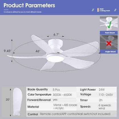 46 Inch Modern Ceiling Fans with Lights, Flush Mount Ceiling Fan with Light and Remote/APP Control, 5 Reversible 6 Speeds Curved Blades, 3 CCT Dimmable Lights for Bedroom, White