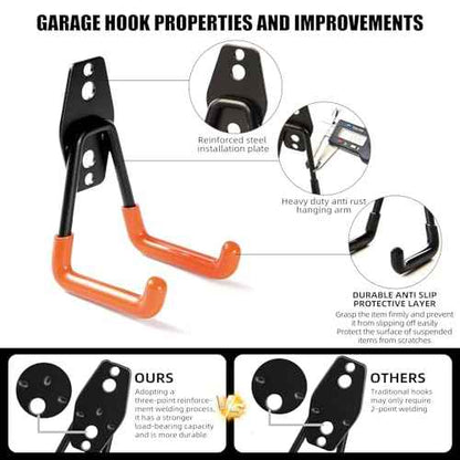 Garage Hooks, 12 Pack Wall Hooks for Hanging Heavy Duty Ladders, Bikes, Tools Ideal for Garage, Garden, Basement Utility Room Storage (Orange)