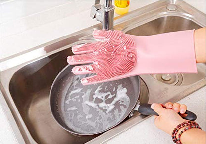 Silicone Dishwashing Gloves, Pet Grooming Rubber Scrubbing Gloves for Dishes,Sponge Wash Cleaning Glove with Scrubbers for Housework, Bathroom, Kitchen, Car, Pets. 1Pair (13.6" Large)