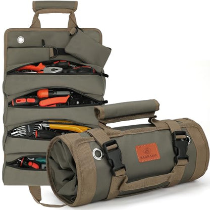 Tool Bag Gifts for Husband Him, Roll Up Small Tools Box Storage, Tool Gifts for Men Dad Boyfriend Grandpa, Presents for Birthday, Heavy Duty Tool Organizer with 2 Pouch