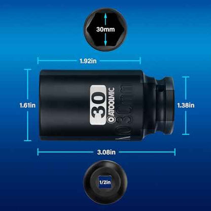 1/2"Square Drive x 30 mm Deep Impact Socket,Metric Socket,6 Point CR-MO for Easy Removal of Axle Nut (30mm)
