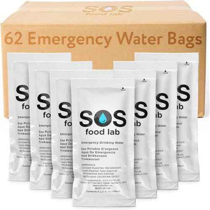 SOS Food Lab Emergency Water Pouches - 2 Gallons (62 Count, 4.2 Fl Oz Each) - Triple Purified, UV Sterilized Filtered Drinking Water for Disaster & Survival Kits - 5 Year Shelf Life, US Navy Approved