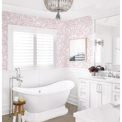 Safiyya 118'' ¡¿ 17.3'' Pink Floral Wallpaper Peel and Stick Pink and White Rose Contact Paper Removable Wall Paper Boho Wallpaper for Bedroom