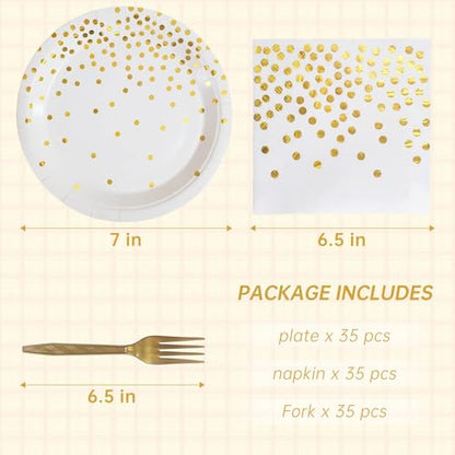 WXLDGHQ White and Gold Paper Plates Napkins Party Supplies,Disposable Gold Dot Paper Dessert Plates,105 PCS Birthday Plates and Napkins Party Supplies for Wedding(Serves 35 Guests 7")
