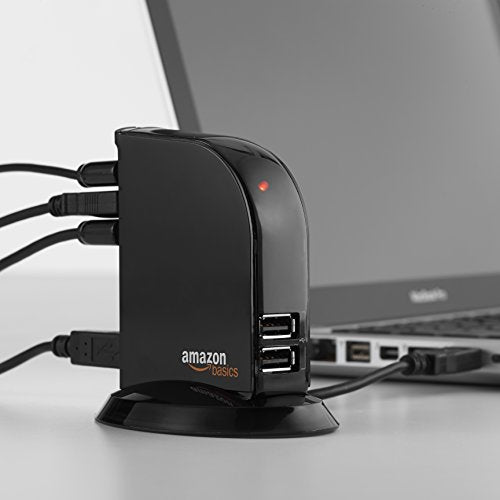 Amazon Basics 7 Port USB 2.0 Hub Tower with 5V/4A Power Adapter, Plug and Play, Charging Ports, Black