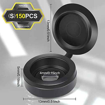HNYYZL 150 PCS Screw Caps, Black Plastic Hinged Screw Covers, S Size, Fits #6/#8 Screws (M3/M4), 150 Pieces