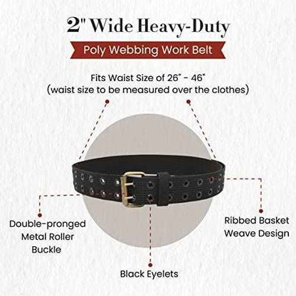Style n Craft 2" Wide Heavy-Duty Poly Webbing Work Belt, Durable and Rugged Belt with Double-Prong Metal Roller Buckle, Black (95012)