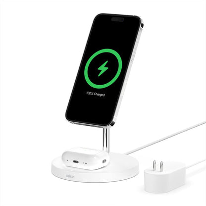 Belkin 2-in-1 MagSafe Wireless Charging Dock 15W Fast Charge iPhone Charger Compatible with iPhone 17, 16, 15, and 14 Series, AirPods, Pixel 10, and Other MagSafe Enabled Devices, PSU Included - Black