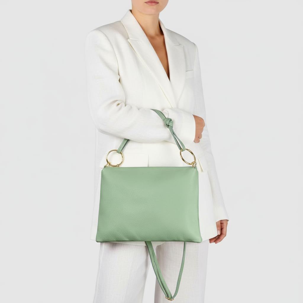 Italian Calf Leather Shoulder Bag for Women | Rectangular Handbag Purse with Zipper, Top-Handle & Crossbody Strap (Sage Green)
