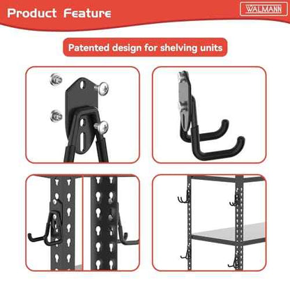 WALMANN 12 PCS Garage Storage Hooks, Wall Mount Utility Hooks for Tools, Ladders, Cords, Folding Chairs, Shovels and Rakes, Shelving Hooks for Keyhole Shelving Units(Black)