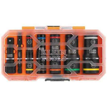Klein Tools 65618 KNECT Flip-10 SAE Impact Socket Set, Deep Sockets with 5 Color-Coded Flip Sockets, 10 SAE Socket Sizes, 1/4 and 3/8-Inch Adapters and MODbox Case