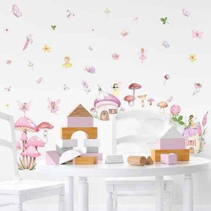 9 Sheet Fairy Mushroom Wall Decal Woodland Pink Mushroom Spring Floral Mural Sticker Peel and Stick Forest Nursery Wallpaper Decal for Bedroom Living Room Playroom Decor