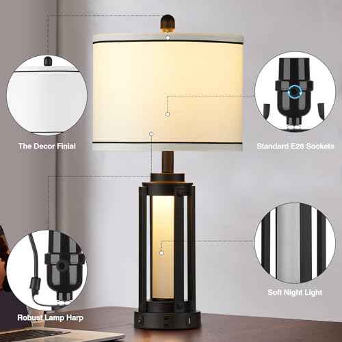 26" Modern Table Lamp with USB A+C Charging Ports & AC Outlet, Industrial Beside Contemporary Lamp Glass LED Night Light for Living Room Bedroom Nightstand End Table Single Black(2 Bulbs Included)