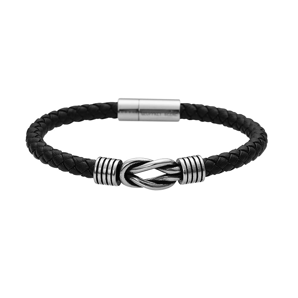 Geoffrey Beene Men's Braided Genuine Leather Knot Bracelet with Stainless Steel Closure (Black, 8.5")