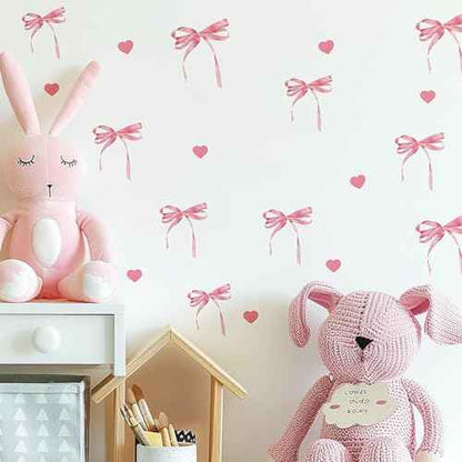12 Sheets Bow Wall Stickers Peel and Stick Coquette Pink Bow Heart Decals for Room Nursery Boho Bedroom Dresser Playroom Living Room Windows Aesthetic Waterproof Wallpaper for Christmas Room Decor