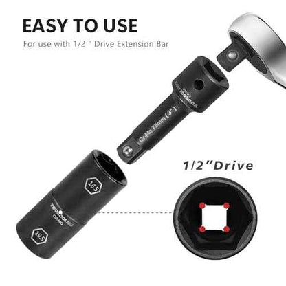 1/2-Inch Drive Double Ended Impact Socket, 18.5mm x 19.5mm, 6-Point,Half Size Lug Nut Thin Wall Wheel Protector Nut Socket, Made from Robust and Anti-Corrosive Steel