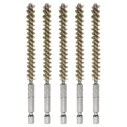 HARFINGTON 5Pcs Bore Brush Brass 8mm Dia Cleaning Twisted Bronze Wire Brush Tube Pipe Cleaner with Handle 1/4 Inch Hex Shank for Tubes, Ports, Bearings