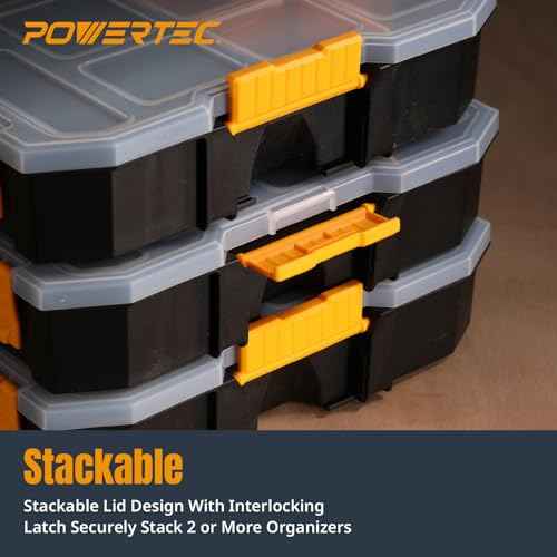POWERTEC Stackable Tool Box Organizer with Removable Dividers - 17 Compartments, Interlocking, Portable Design, 2-Pack (72118-P2)