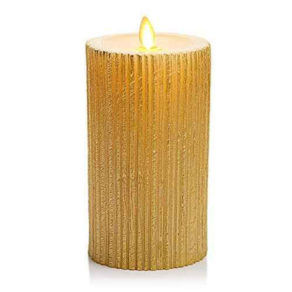 Luminara Metallic Embossed Pillar, Champagne Flameless LED Candle 3.25" x 6.5", Battery Operated Real Flame Technology w/Timer Function, Paraffin Wax