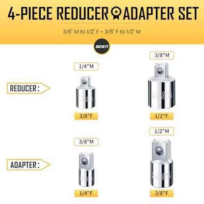 BOEN 4 Piece Socket Adapter and Reducer Set, 1/4", 3/8", 1/2" Drive Socket Adapter Set, SAE Adapter Conversion Set for Impact Driver Wrench, Chrome Vanadium Steel, Full Polished