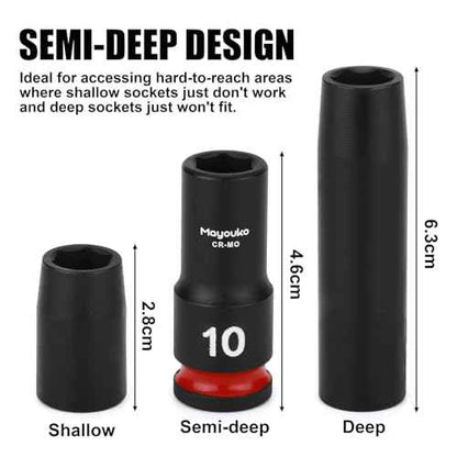 Mayouko 14PCS 3/8" Drive Semi-Deep Impact Socket Set, 8-22MM, Metric, CR-MO, Impact Grade Middle Length Socket Set, 6 Point