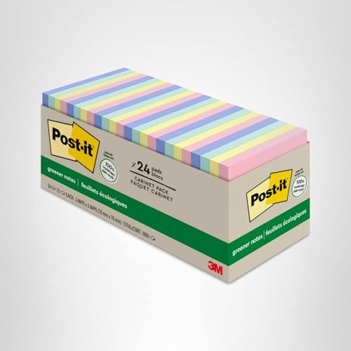 Post-it Greener Notes, 3x3 in, 24 Pads, America's #1 Favorite Sticky Notes, Sweet Sprinkles Collection, Pastel Colors, Clean Removal, 100% Recycled Material (654R-24CP-AP)