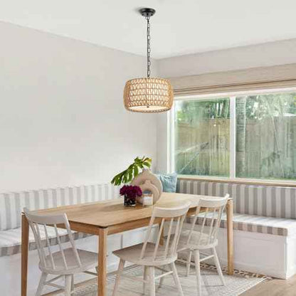 WILON 12.4'' 3-Light Rattan Chandelier with Fabric Shade, Dining Room Light Fixtures Over Table, Modern Boho Pendant Lights Kitchen Island Lighting, Farmhouse Rustic Drum Hanging Lamp with E26 Base