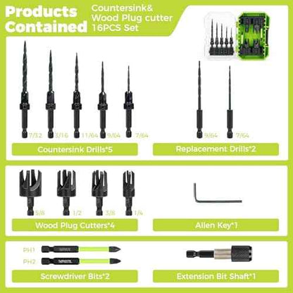 Countersink Drill Bit Set, 16PCS M2 Cobalt HSS Woodworking Tool Set, Adjustable Depth Tapered Drill Bits with 4 Wood Plug Cutters & 1/4" Hex Shank, Counter Sink Drill Bit for Wood
