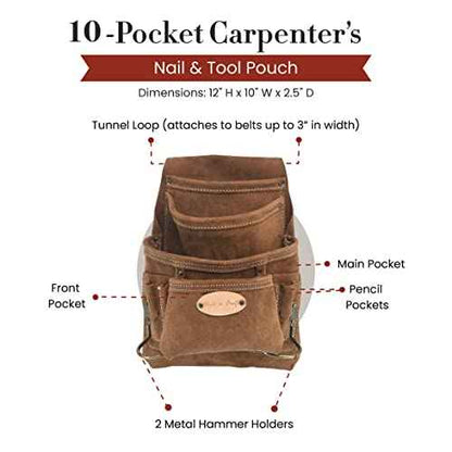 Style n Craft 10-Pocket Carpenter¡¯s Nail and Tool Pouch, Heavy-Duty Suede Leather Pouch, Dark Tan (88923)