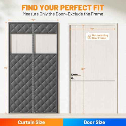 Magnetic Insulated Sliding Door Curtain Fits 72"x80" - Thermal French Door Cover for Winter with Clear Window, Patio Doors Insulation Kit & Doors Draft Stopper for Sliding Glass French Doorway - Black