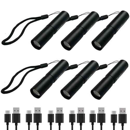 Rechargeable Mini LED Flashlights, 6pcs High Brightness Flash Light with Lithium Battery 3 Mode XPE 1200 Lumen Waterproof Zoomable Torch with USB Cable for Camping, Hiking, Riding, etc