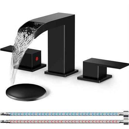 Bathroom Sink Faucet 3 Hole, Matte Black Waterfall Bathroom Faucets, 8 Inch Widespread Bathroom Faucet with Pop-up Drain and Supply Lines, Two Handles Faucets for Vanity, Lavatory, Restroom, RV