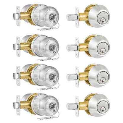 4 Pack Exterior Door Lock Set, Satin Nickel Door Knob and Deadbolt Combo Set, Keyed Alike Entry Door Knobs with Lock&Keys, Round Ball Door Locksets with Deadbolt for Entrance and Front Door