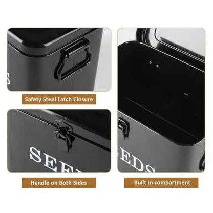 Seed Storage Organizer, T-Shape Compartment Seed Box with Safety Lock, Metal Seed Saving Box, Portable Seed Bin Container with Handle, Including 2 Pens 20 Plant Labels 50 Seed Envelopes-Black